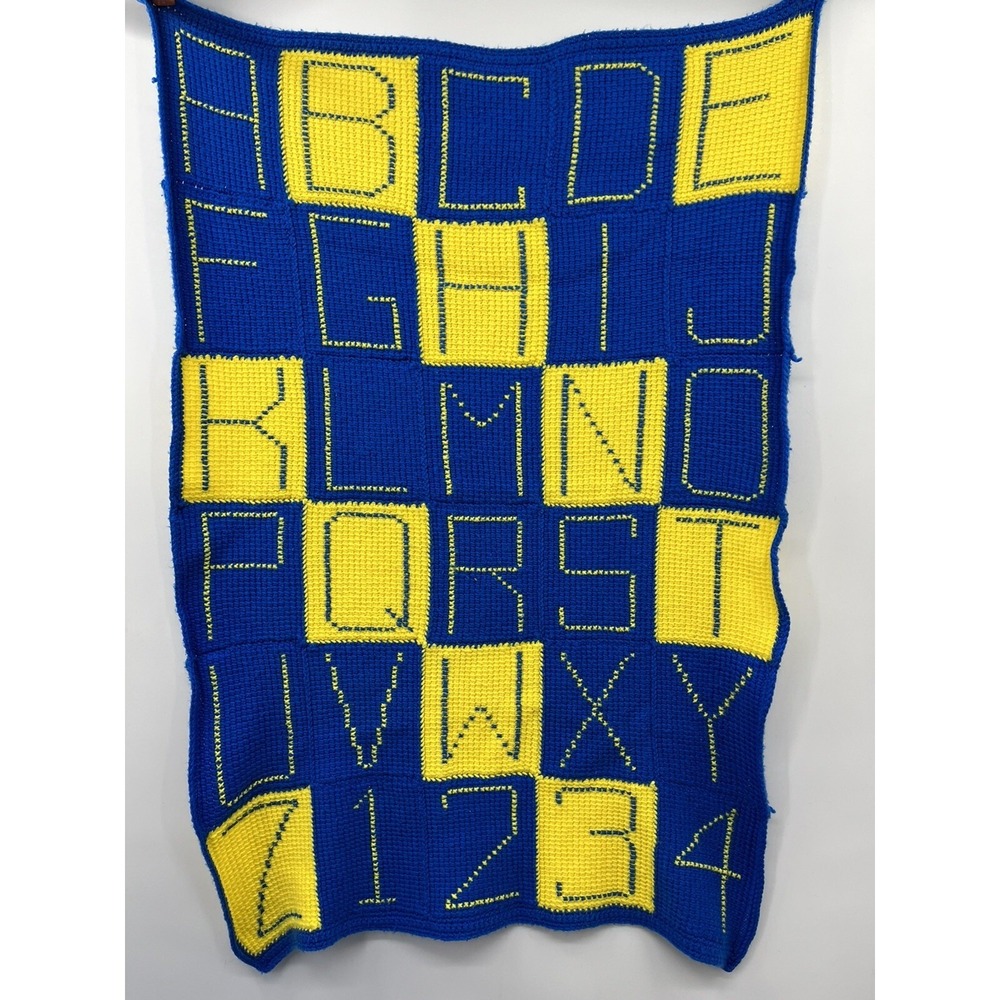 Vintage Hand Knit Crochet Baby Crib Blanket Block Alphabet 44 x 30